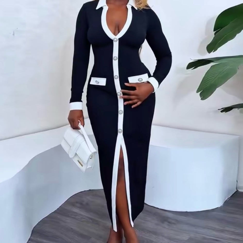 Chic Black and White Long Sleeve Dress